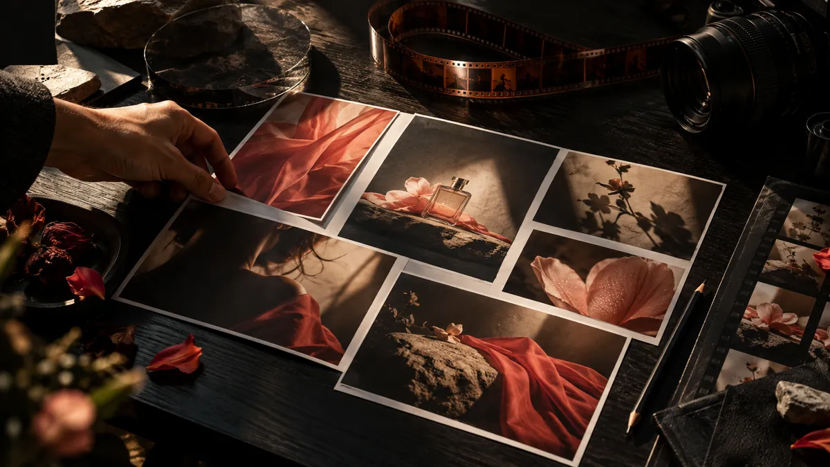 Concept image of a curated creative archive with storyboards, film stills and production materials.