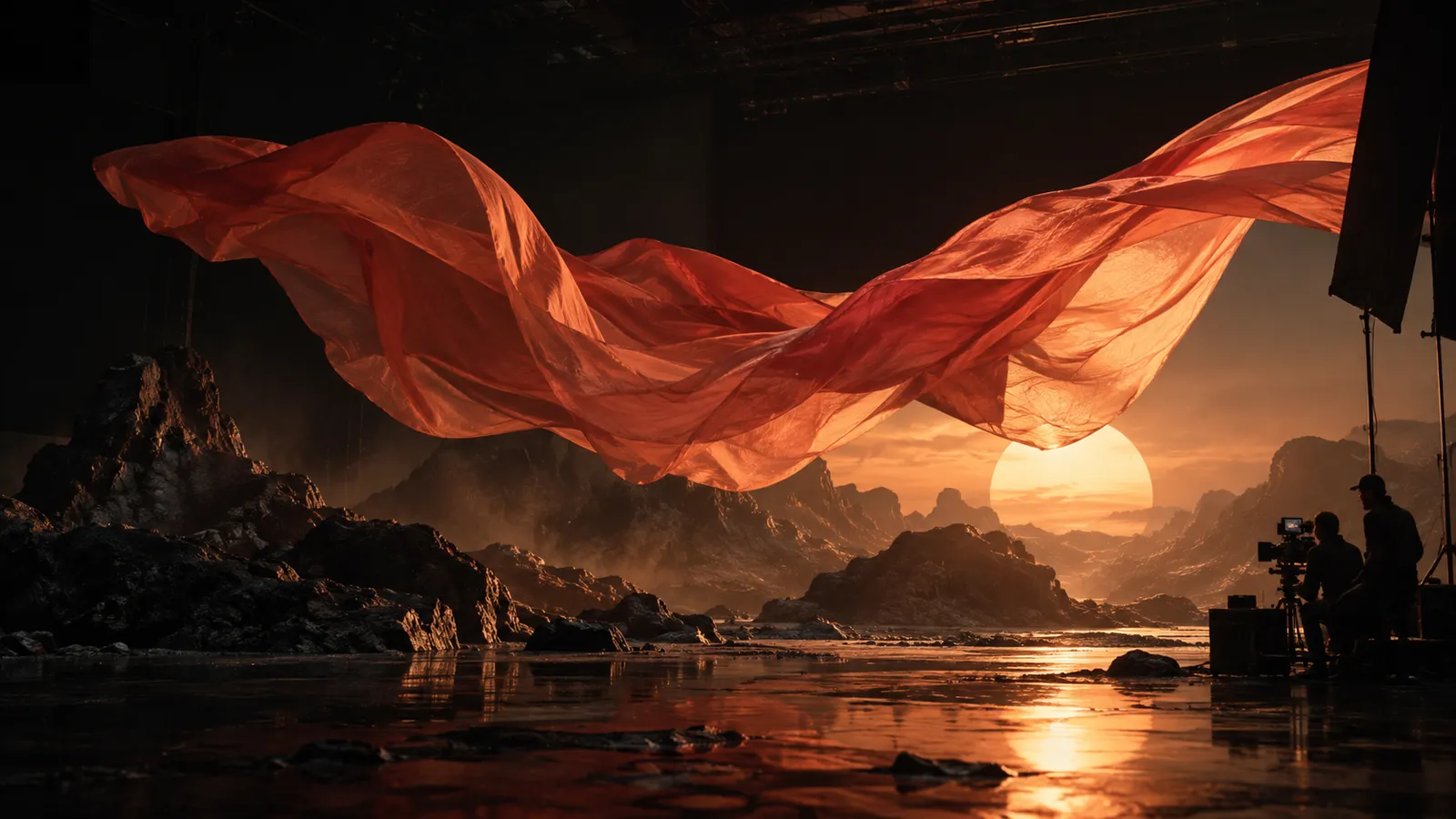 Concept image of a film production team reviewing a cinematic scene in a creative studio.